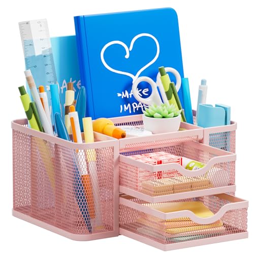 Marbrasse Mesh Desk Organizer, Pen Organizer with 2 Drawer, Multi-Functional Pencil Holder, Desk Organizers and Accessories with 5 Compartments + Drawer for Office Art Supplies (Pink) - color: Pink