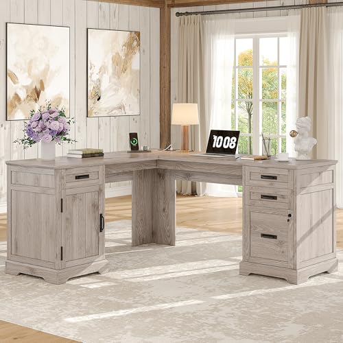 Whalefall 67'' Farmhouse L-Shaped Desk with Drawers for Home Office, Gray | Computer Corner Desk with File Cabinet and Charging Station, Large Executive L Desk with Locking Drawers Storage - color: Light Gray, size: 67''