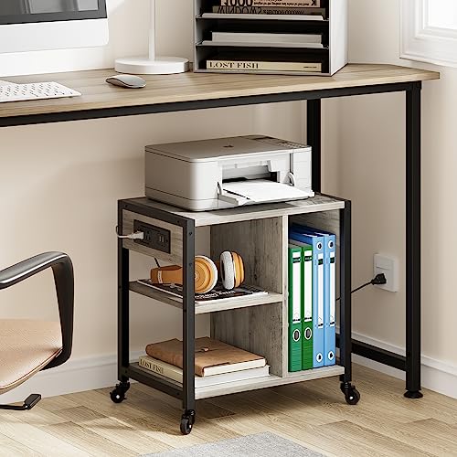 IDEALHOUSE Under Desk Printer Stand with Power Outlets and USB Charging Ports, Desktop Printer Table with Storage Shelf, 4 Tier Mobile Printer Stand with Wheels for Home Office, Rustic Gray