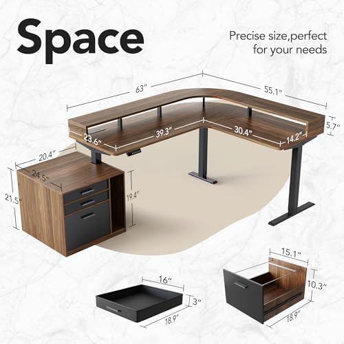 HUANUO LED Electric L Shaped Standing Desk with File Cabinet, Walnut | 63"x55" 2-Tier L-Desk,3-Drawer File Cabinet,RGB LED App Lighting,Built-in Power Outlets,27.6"-46.5" Adjustable Height - color: Walnut, size: with File Cabinet