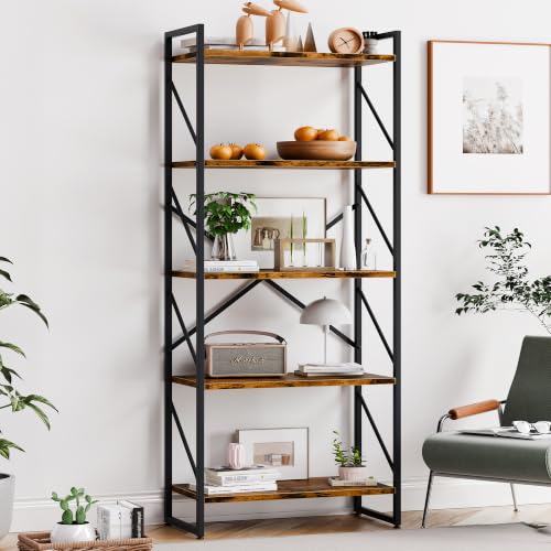 Vongrasig 5 Tier Metal Bookshelf, Narrow Industrial Bookcase, Walnut - color: Walnut