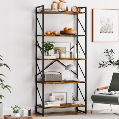 Vongrasig 5 Tier Metal Bookshelf, Narrow Industrial Bookcase, Walnut - color: Walnut