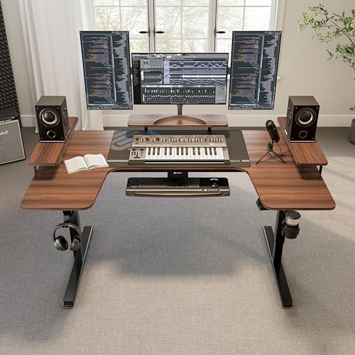 EUREKA ERGONOMIC Gaming Standing Desk with Keyboard Tray,74" U Shaped Studio Desk for Recording&Live,Electric Height Adjustable Desk w LED Convertible Shelves,Walnut