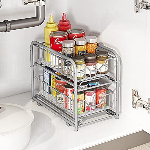 2-Tier Pull Out Organizer Under Sink Sliding Cabinet Rack,Sliver | Stackable sliding basket metal organizer with adjustable height and anti slip pad. Ideal for under sink or cabinet storage. - color: Silver