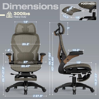 ELABEST X100 Ergonomic Mesh Office Chair with Footrest, Big and Tall Home Desk Chair with 5D Flip-Up Arms, Adjustable 3D Lumbar Support, Gaming & Executive Computer Chair (Coffee Break) - color: Coffee Break