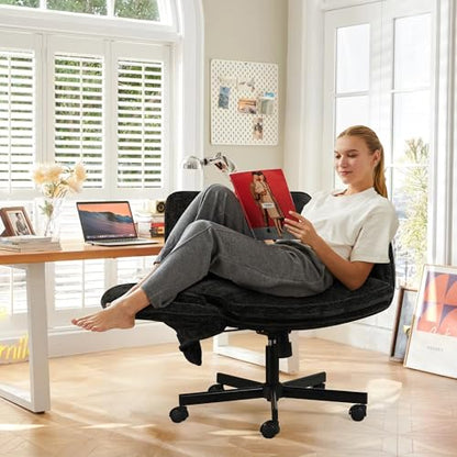 Criss Cross Chair with Lumbar Airbag & Folding Arms Relieve Back Pain, Wide Cross Legged Office Chair for Home Office, Comfy Swivel Desk Chair with Wheels, 5 Level Adjustable Armrest, Chenille(Black) - color: Black, style: With Airbag Lumbar Support