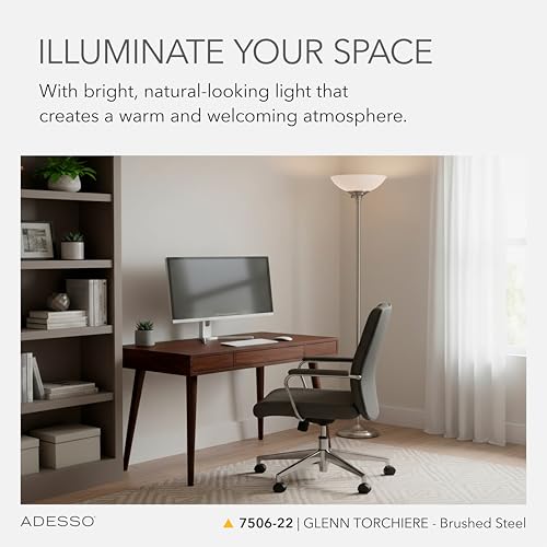 Adesso Dual-Socket Floor Lamp, Brushed Steel & White, 3-Way, 71” - color: Brushed Steel
