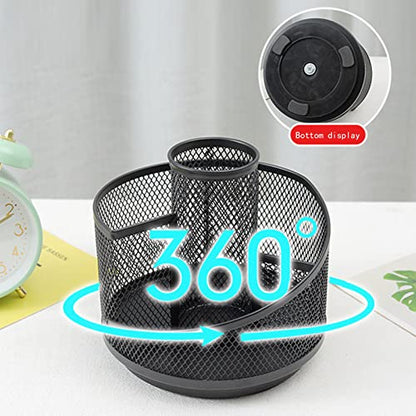 Mesh Rotating Desk Organizer, Black Pen Pencil Holder Metal Desktop Stationery Storage Caddy, 5 Grids Desk Organizer for Home Office Art Supplie, Pen Holder For Desk, Pen Holder Pen Cup Marker Holder