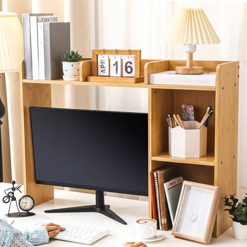 Briwooody Dorm Desk Bookshelf Desk Hutch Organizer with 5 Shelves and 3 Tier Desktop Hutch Storage Organizer for College Dorm Home Office Supply, 32.5 x 23.5 x 8 Inch(Bamboo and Wood) - color: Bamboo and Wood