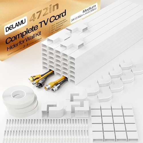 Delamu TV Cord Hider Wall, 472in Cable Hider, Cord Covers for 2-3 Wires on Wall, Paintable Wire Hiders Wire Covers for TV Cords on Wall, TV Cord Hider for Wall Mounted TV, 0.95in W x 0.55in H, White - color: White, size: 472in L x 0.95in W x 0.55in H