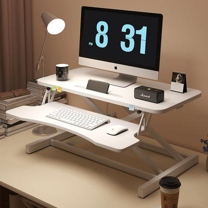 32 Inch Adjustable Standing Desk Standing Desk Converter, Stand Up Desk Riser Dual Monitor Sit Stand Desk with Wide Keyboard Tray for Table Home Office (White)
