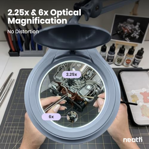 Neatfi LED Bifocal Magnifying Lamp 1,200 Lumens – 5” Glass Lens, Dual Magnification 2.25X/6X, Dimmable | Adjustable Arm with Clamp | Crafting, Jewelry & Reading (5 Diopter + 20 Diopter, Gray) - color: Gray, size: 5 Diopter + 20 Diopter