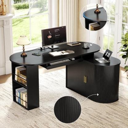 HSH 60 Inch L Shaped Computer Desk, Reversible Office Desks with Storage - color: Black