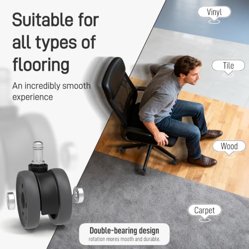 Office Desk Chair Wheels Replacement, Computer Gaming Casters for Carpet，2.5 Inch Stem 7/16-7/8 Set of 5 for Furniture Hardwood Hard Floors Chair Casters Tile Smooth Safe Quiet Rolling 660LB - style: 2.5 inch（Black & Grey）