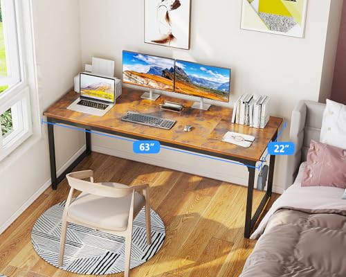 Casaottima 63 Inch Computer Desk for Home Office, Study Writing Table for Small Spaces, Simple Modern Desk with Headphone Hooks, Rustic Brown - size: 63 inch