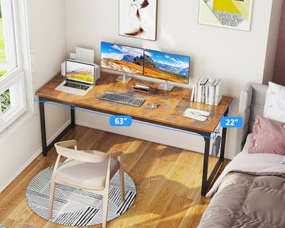 Casaottima 63 Inch Computer Desk for Home Office, Study Writing Table for Small Spaces, Simple Modern Desk with Headphone Hooks, Rustic Brown - size: 63 inch