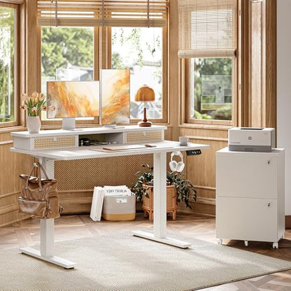 TIQLAB Standing Desk with Two Drawers, Stand Up Standing Desk Adjustable Height, Electric Sit Stand Table with Storage Shelf and Splice Board, 55 * 24 inch, White Wicker - color: White Wicker, size: 55*24 inch without keyboard tray