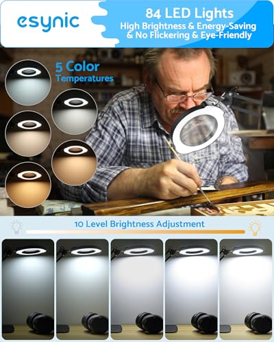 eSynic 10X Magnifying Glass with 84 LED Lights&4.2 Inch Large Len 2-in-1 Clamp&Stand Desk Magnifier Lamp-10 Brightness Levels-5 Color Modes for Crafts Reading Repair[HD Glass Lens Not Acrylic]