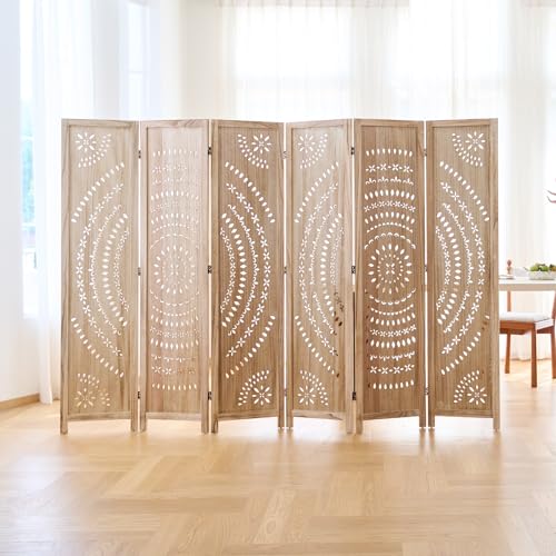 66.9Inch Folding Room Divider, 6 Panels Wood Carved Privacy Screens, Free Assembled Freestanding Partition for Home Office Restaurant Bedroom (Natural) - color: Natural, size: 6 Panels