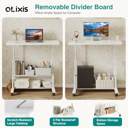 OLIXIS Rolling Desk, Storage Shelves, Laptop Table, Home Office | Height Adjustable Design, Computer Desks on Wheels, Portable for Small Spaces Use, White