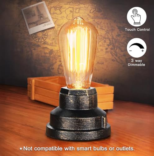 Small Touch Control Table Lamp Base, Industrial Touch Light Vintage Edison Bulb Base, Dimmable Bedside Nightstand Accent Light for Living Room Bedroom, Antique Steampunk Style
