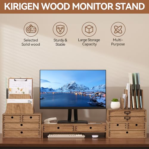 KIRIGEN Solid Wood Monitor Stand with 2 Drawers, Desk Riser, Brown PMJ-DBR