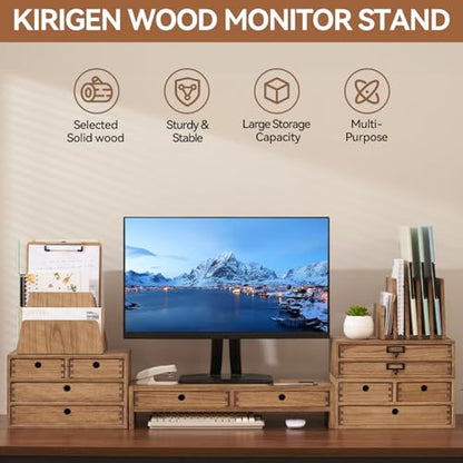KIRIGEN Solid Wood Monitor Stand with 2 Drawers, Desk Riser, Brown PMJ-DBR