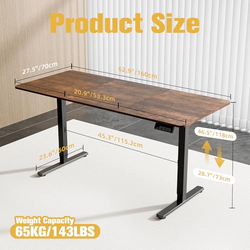 63"x28" Standing Desk, Height Adjustable Sit-Stand Home Office, Brown | Electric Adjustable Standing Desk, Sit to Stand Computer Office Desk with Splice Board, Memory Preset, Lifts 28.7''-46.5" - color: Rustic Brown, size: 63 inch