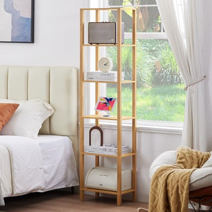YUFAM 6 Tier Tall Skinny Bookshelf, Narrow Bookcase, Wooden Shelf, Natural - color: Natural, size: 6-Tier