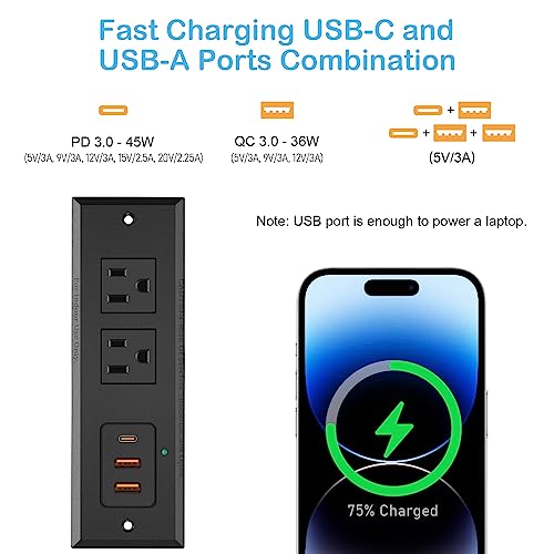 CCCEI Recessed Power Strip with 45 W USB C Port, Fast Charging USB A Port Desk Outlet, Furniture Hidden Charging Station for Side Table, End Table, with 10 FT 45 Degree Flat Plug Extension Cord. - color: 45W_Black, size: 10ft