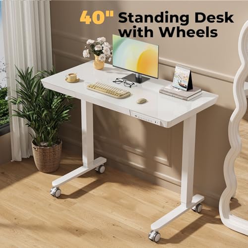 40" Glass Standing Desk with Drawer, Electric Stand up Desk - color: White Glass-top, size: 40"