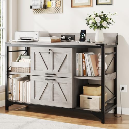 44" File Cabinet, Lateral Filing Cabinet for Home Office with 2 Drawers, Office Storage Cabinet with Lock and Key, Wooden Printer Stand with 4 Storage Shelves and Power Outlets, Office Furniture, Grey - color: Grey