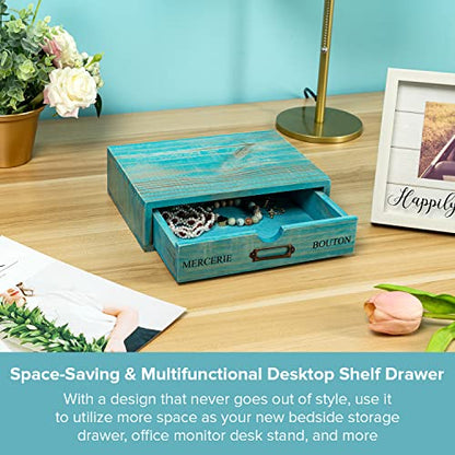 Turquoise Single Drawer Unit - European Country Style Desk Organizer Box - 9.7x7x2.6 Teal Wooden Stackable Drawer - Countertop Organizer Drawer w/Label Holder - Single Monitor Shelf - style: 1 Drawer I 2.6"