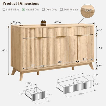 T4TREAM 60 Inch Fluted Buffet Sideboard Cabinet, Natural Oak | Modern Coffee Bar Storage Cabinet With 3 Drawers, for Dining Room, Living Room, Hallway, Oak Wood Grain, Adjustable shelves - color: Natural Oak