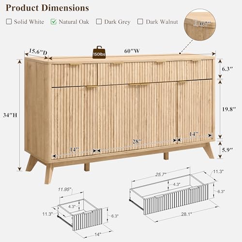 T4TREAM 60 Inch Fluted Buffet Sideboard Cabinet, Natural Oak | Modern Coffee Bar Storage Cabinet With 3 Drawers, for Dining Room, Living Room, Hallway, Oak Wood Grain, Adjustable shelves - color: Natural Oak
