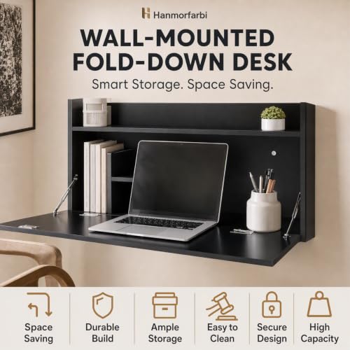 Wall Mounted Foldable Desk Cabinet with Lock, 29.9 Inch Floating Desk & Storage Shelf, Space Saving Fold Down Table for Small Spaces, Home Office, Study, Holds 44 lbs (Black, 76*43*40cm)