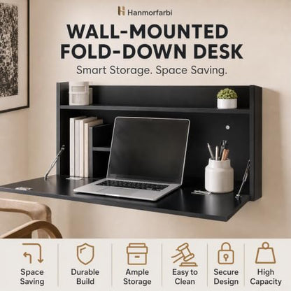 Wall Mounted Foldable Desk Cabinet with Lock, 29.9 Inch Floating Desk & Storage Shelf, Space Saving Fold Down Table for Small Spaces, Home Office, Study, Holds 44 lbs (Black, 76*43*40cm)