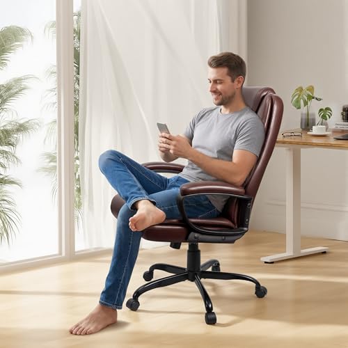 Office Chair, High Back Ergonomic Home Office Desk Chairs with Lumbar Support, Adjustable Big and Tall Computer Chair, 360° Swivel, PU Leather, Brown - color: Brown