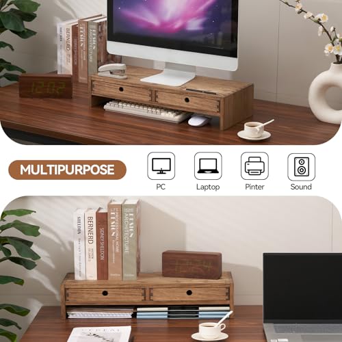 KIRIGEN Solid Wood Monitor Stand with 2 Drawers, Desk Riser, Brown PMJ-DBR