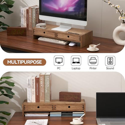 KIRIGEN Solid Wood Monitor Stand with 2 Drawers, Desk Riser, Brown PMJ-DBR