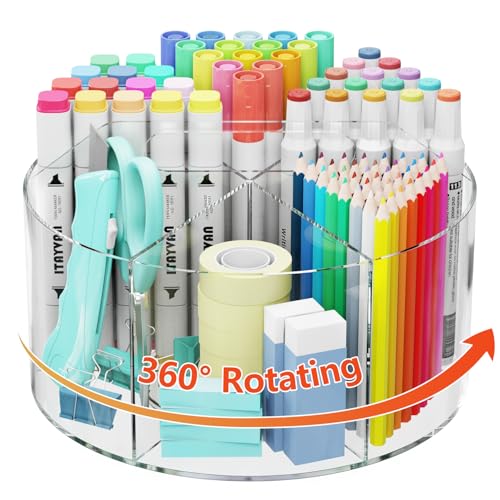 Desk Pen Holder, 360 Degree Acrylic Rotating Pencil Organizer for Kid Crayon Marker, Office Supply Accessory Organizer Rotating Organization for Desktop, Kitchen, Makeup, Vanity