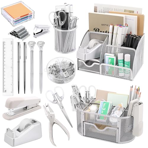 17 IN 1 Office Desk Organizer Set for Back to School Supplies Accessories - color: Silver