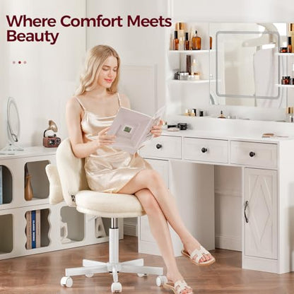 GTPLAYER Velvet Tall Office Chair with Wheels Vanity Chairs with Back, Versatile Height Use: Office to Bar Stools Small Ergonomic Comfy Armlees Computer Desk Chair with Bow Lumbar Pillow for Gift - color: Tv-cream