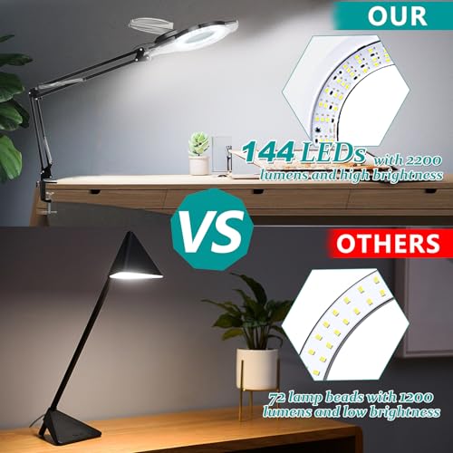 10X & 2200 Lumens Magnifying Glass with Light and Clamp, Black | 144 Flicker-free LED, Stepless Dimmable, 2×14.57" Adjustable Arm Lighted Magnifier Desk Lamp for Hobby Painting Sewing Repair - color: 10x Black