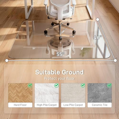 46 x 55 in Ultra-Clear Tempered Glass Chair Mat Floor Protector | 0.2 in Thick Heavy-Duty Scratch-Resistant Surface with Non-Slip Pads and Rounded Polished Edges for Hard Floors and Carpets - size: 46"x55"