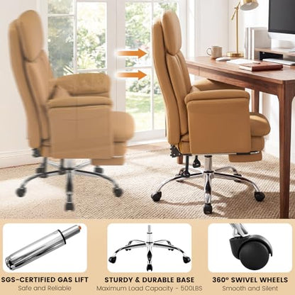 Executive Leather Office Chair with Footrest - High Back Ergonomic Desk Chair, Comfortable Lumbar Support, Soft Armrests, Adjustable Height Rocking Swivel Task Chair, Brown - color: Brown