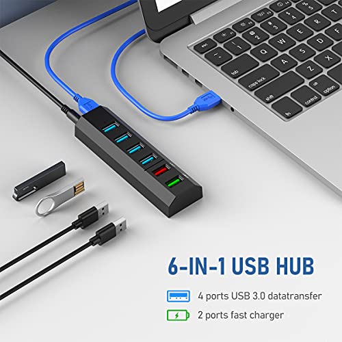 USB Hub, Aiibe 6 Ports Super High Speed USB 3.0 Hub Splitter + 24W Power Adapter + USB 3.0 Cable, Black Smart Fast Charger Powered USB Hub for Laptop, Mac, PC, Mobile HDD, Mulitple Devices - color: Black 6 Port