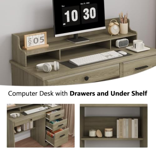 4 EVER WINNER Computer Desk with Drawers, Small Desk with Monitor Stand and File Drawer, Wood Desk with Storage, Writing Desk for Bedroom Home Offic, Grey - color: Grey