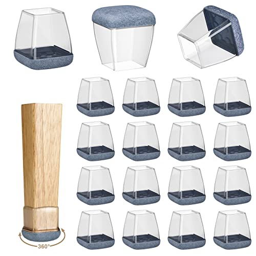16 Pack Chair Leg Floor Protectors for Hardwood Floors, Round Rubber Furniture Sliders, 360°Felt Pad Bottom Wrapped Thickening Silicone Furniture Legs Caps Covers(Square,Clear-Gray-M Plus) - size: Trans-Grey-M plus