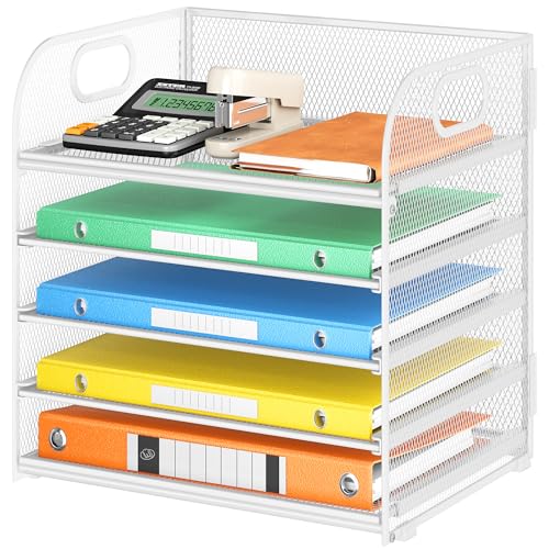 Lavatino 5 Tray Paper Organizer Letter Tray with Handle - Mesh Desk File Organizer, Paper Sorter Organizer for Office, Home or School File Folder Holder - White - color: 5 Tier - White, size: 12.6" x 9.1" x 11.5"